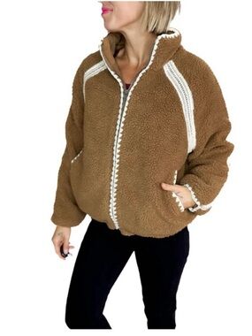RD Style Brown Sherpa Bomber Jacket with Cream Trim